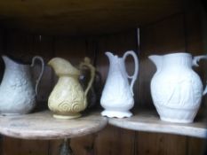Two 19th century Parian jugs decorated figures and four other jugs of similar period - 6