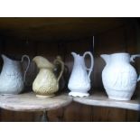 Two 19th century Parian jugs decorated figures and four other jugs of similar period - 6