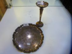 A silver tray plate AF with a silver candlestick. Plate hallmarked Sheffield 1929 Mappin and Webb