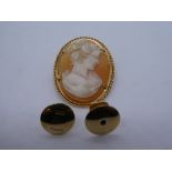 Two 9ct yellow gold studs, marked 375, and yellow metal cameo brooch