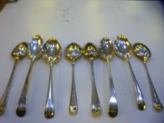 Eight silver dessert spoons, worn hallmarks, other hallmarked Sheffield 1948, Viner's Ltd. Gross