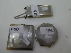 Three silver compacts, one circular hallmarked Birmingham 1944 Joseph Gloster Ltd, engine turned