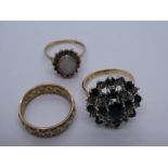 Three 9ct gold dress rings, two of cluster design, one eternity