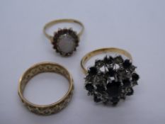 Three 9ct gold dress rings, two of cluster design, one eternity