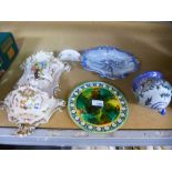 A Wedgwood Majolica plate, an italian style ceramic wall fountain and two other items
