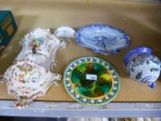 A Wedgwood Majolica plate, an italian style ceramic wall fountain and two other items