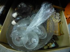 Box of ornaments to include ceramic horse and cart, thimbles, jugs, and glass punch bowl, etc