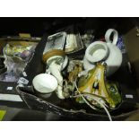 Box of collector's plates, china house lantern, Royal Doulton part tea set and other chinaware