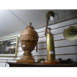 A Grecian style lamp and a lamp in the form of a vintage fire extinguisher
