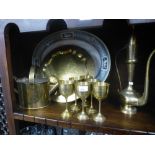 Six brass Eastern goblets, engraved and other metalware and a large Victorian serving plate