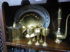 Six brass Eastern goblets, engraved and other metalware and a large Victorian serving plate