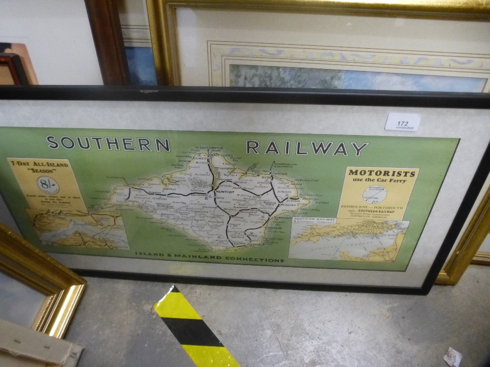A quantity of framed and glazed prints, to include a map of Hampshire, Southern Railway map, etc