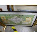 A quantity of framed and glazed prints, to include a map of Hampshire, Southern Railway map, etc