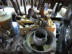 Collection of mixed metal and wood items, including buddha, tankard, candlestick, bowls, etc