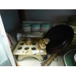 Vintage kitchen storage container, tapestry, bundle of cutlery and a postman's wall clock