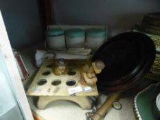 Vintage kitchen storage container, tapestry, bundle of cutlery and a postman's wall clock