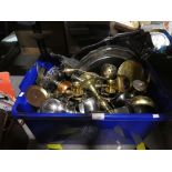 Large tub of mixed brass including candlesticks, bells, etc