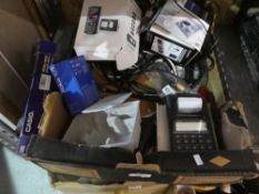 A crate of mobile phones, boxed Sony cyber-shot camera, Casio portable printer, Sony Walkman etc