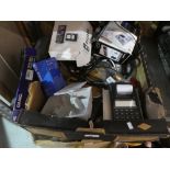 A crate of mobile phones, boxed Sony cyber-shot camera, Casio portable printer, Sony Walkman etc