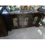 Rectangular two tier table and modern sideboard marble style top and four drawers below