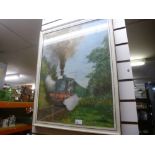 Framed and glazed picture of train, signed A.W. Gibson and two framed pictures of outback scenes
