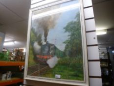 Framed and glazed picture of train, signed A.W. Gibson and two framed pictures of outback scenes