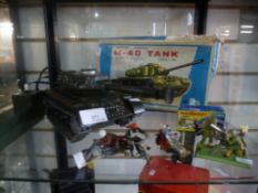 Battery powered M-40 tank, remote control, with box, Match Box chopper, Chitty Chitty Bang Bang, etc