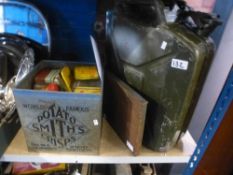 Two jerry cans and Smiths vintage tin, to include Quality Street advertising tins