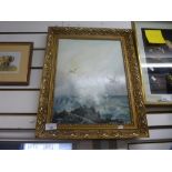 A painting of seagulls over rocks at sea, signed Joe G Almond, in a gilt frame