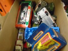 Box of diecast care including brands such as Corgi and Matchbox.