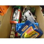 Box of diecast care including brands such as Corgi and Matchbox.