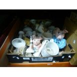 Box of china collectables, including Nat West pigs, Crestedware, albums of postcards, die cast etc
