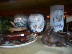 Collection of two oriental ginger jars with lids, vase, plate, etc