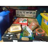 A box of old tins to include Ty Phoo, Teatime Biscuits, Tobacco, etc, a box of records, two cases of