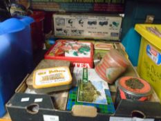 A box of old tins to include Ty Phoo, Teatime Biscuits, Tobacco, etc, a box of records, two cases of