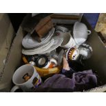 Three boxes of sundry items to include lace, lamp shades, china, mugs, small plates, bibles,