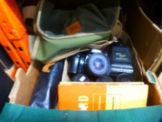 Two mixed boxes of photography equipment, including Canon camera and lenses
