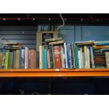 Shelf of hard and soft back books, including Railway theme etc