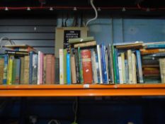 Shelf of hard and soft back books, including Railway theme etc