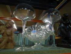 A wide opening pressed glass vase in 40s style decoration along with two tall stemmed glasses