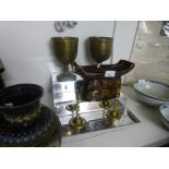 Two brass goblets and candlesticks, Doulton vase and a Lolland vase
