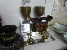 Two brass goblets and candlesticks, Doulton vase and a Lolland vase