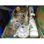 A mixed lot of glassware, pictures, prints, wooden boxes containing sewing items, etc