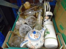 A mixed lot of glassware, pictures, prints, wooden boxes containing sewing items, etc
