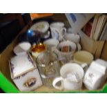 Box of commemorative items, to include: royal mugs and box of vintage tins and old telephones.