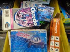 Three boxes of vintage mixed toys, games, pictures and prints