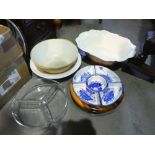 Large box of pottery and glass items incl. Studio pottery wall plate, cake stand etc
