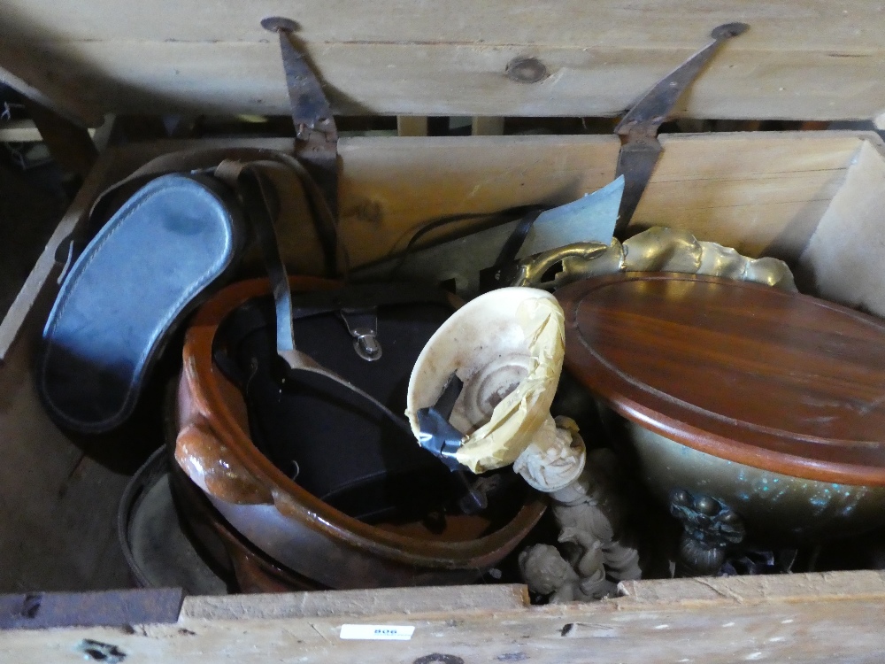 A wooden chest with a brass bowl on legs, Spanish style dishes, metalware and binoculars - Image 2 of 2