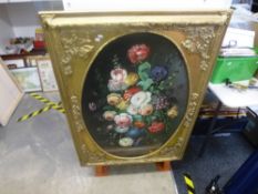 Large oval gilt framed picture of flower arrangement