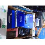 Collection of glassware, box of Canon and Olympus cameras and a box of clocks, oil lamps,